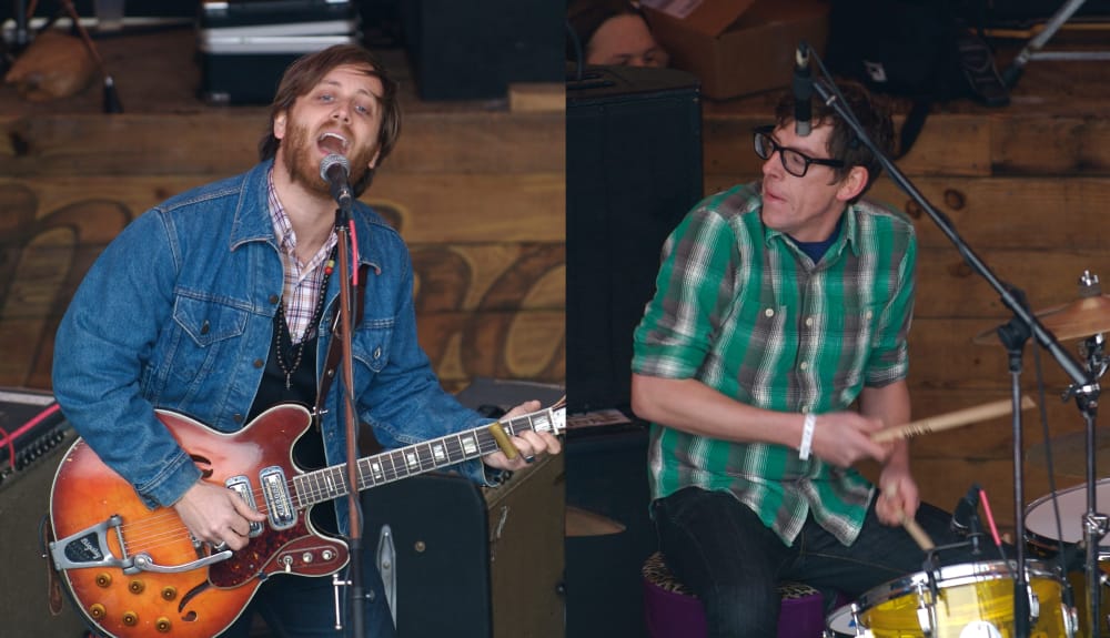 Dan Auerbach and Patrick Carney of rock band The Black Keys playing on stage