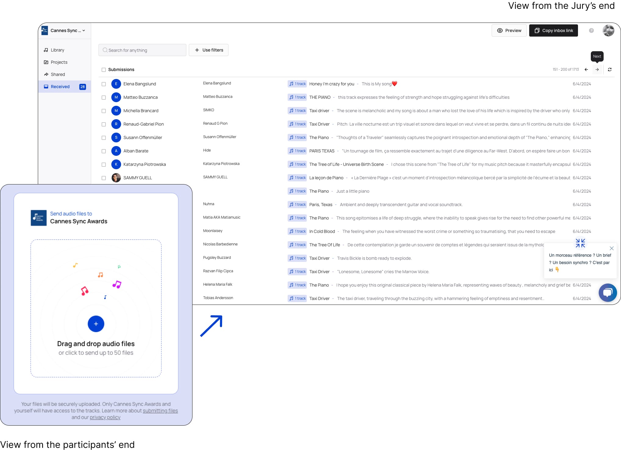 Screenshot of the Cannes Sync Awards Bridge workspace and inbox