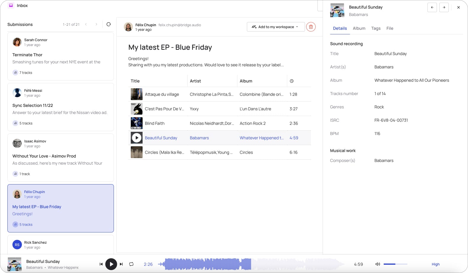 Demo screenshot of Bridge.audio’s UI to receive submission via a custom inbox