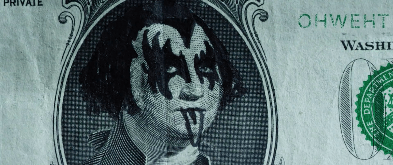 George Washington disguised as Kiss on a dollar to illustrate the new sources of income for artists