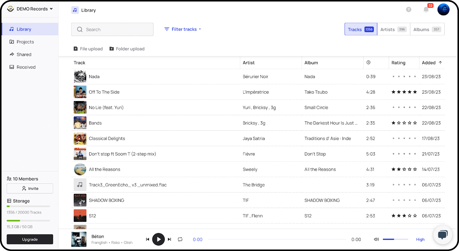Screenshot of Bridge.audio&rsquo;s music catalogue management interface